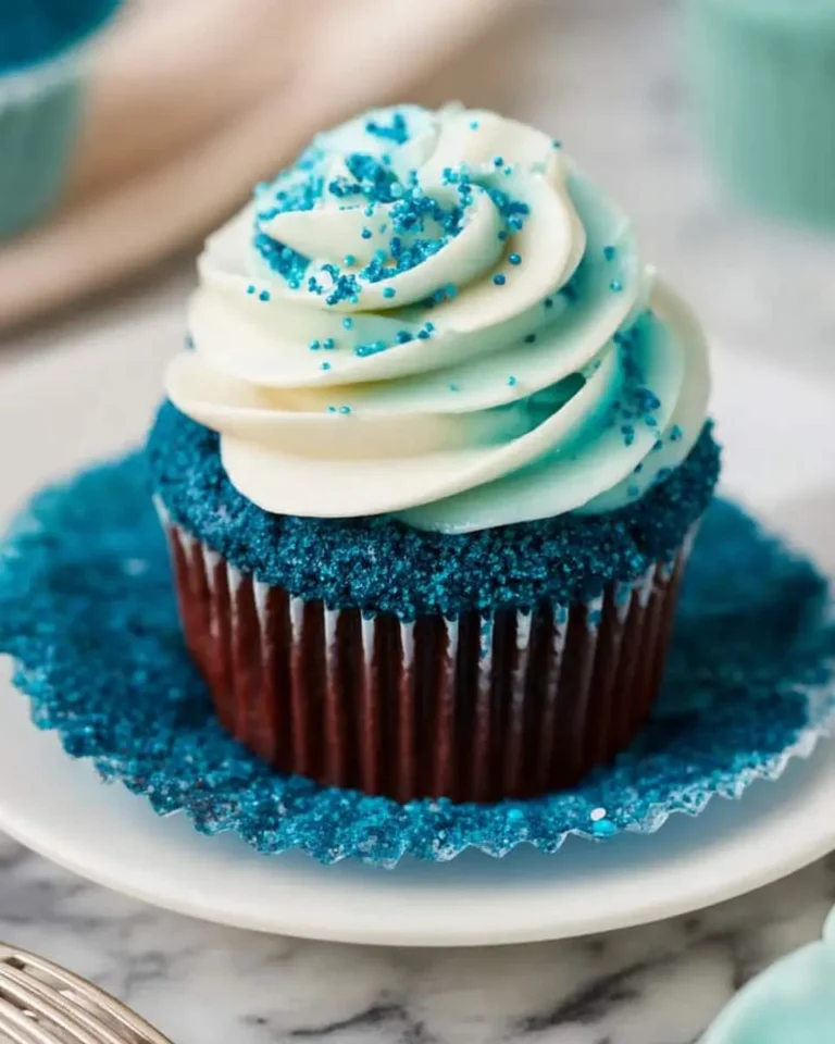 A beautifully decorated blue velvet cupcake with swirled white frosting and blue sprinkles on a white plate.