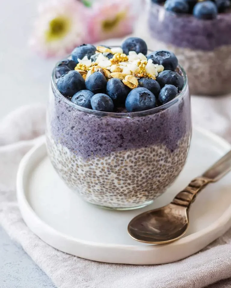 Layered blueberry chia seed pudding in a glass topped with fresh blueberries, granola, and coconut flakes.