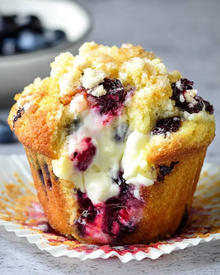 A blueberry cream cheese muffin with a crumbly streusel topping, split open to reveal a creamy cheese filling and juicy berries inside.