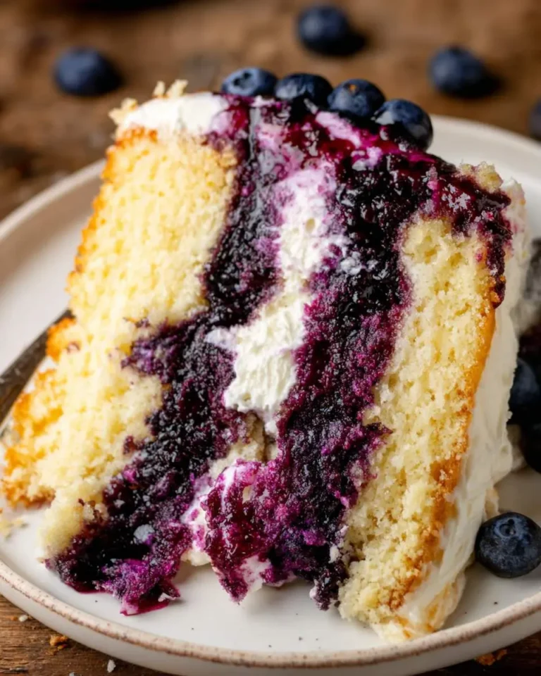 A slice of Blueberry Jam and Cream Cake with layers of vanilla sponge, whipped cream, and purple blueberry filling on a plate.