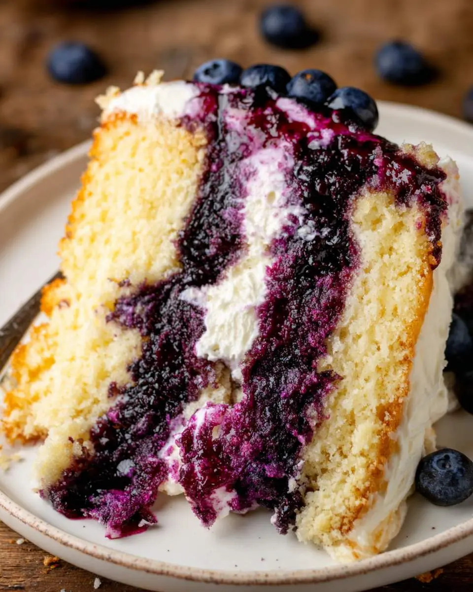 A slice of Blueberry Jam and Cream Cake with layers of vanilla sponge, whipped cream, and purple blueberry filling on a plate.