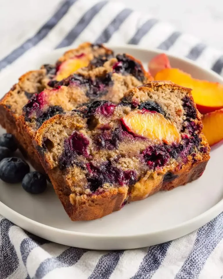 Sliced Blueberry Peach Bread on a white plate with fresh blueberries and peach slices.