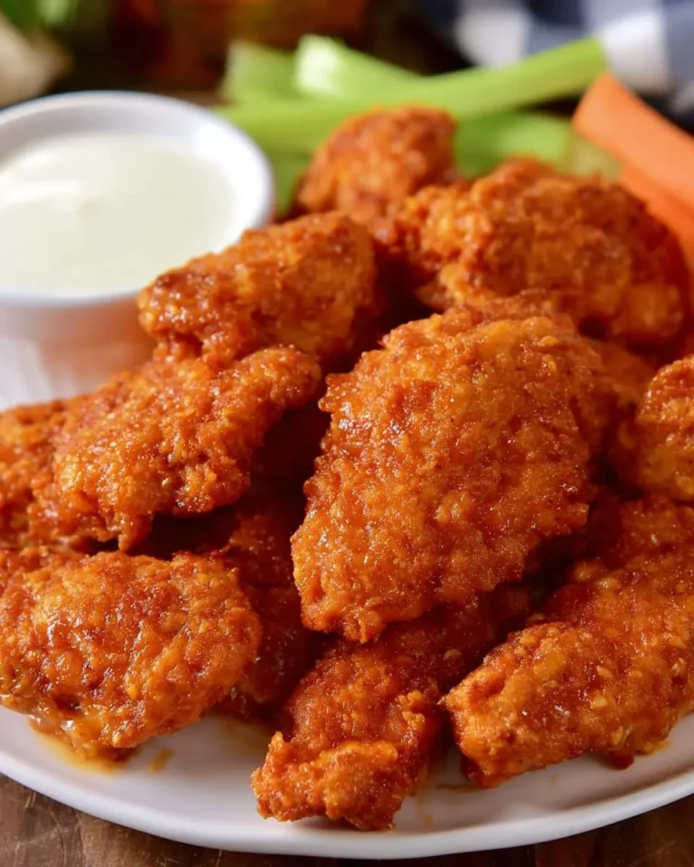 A plate of crispy boneless chicken wings coated in spicy orange sauce, served with ranch dressing, celery, and carrots.