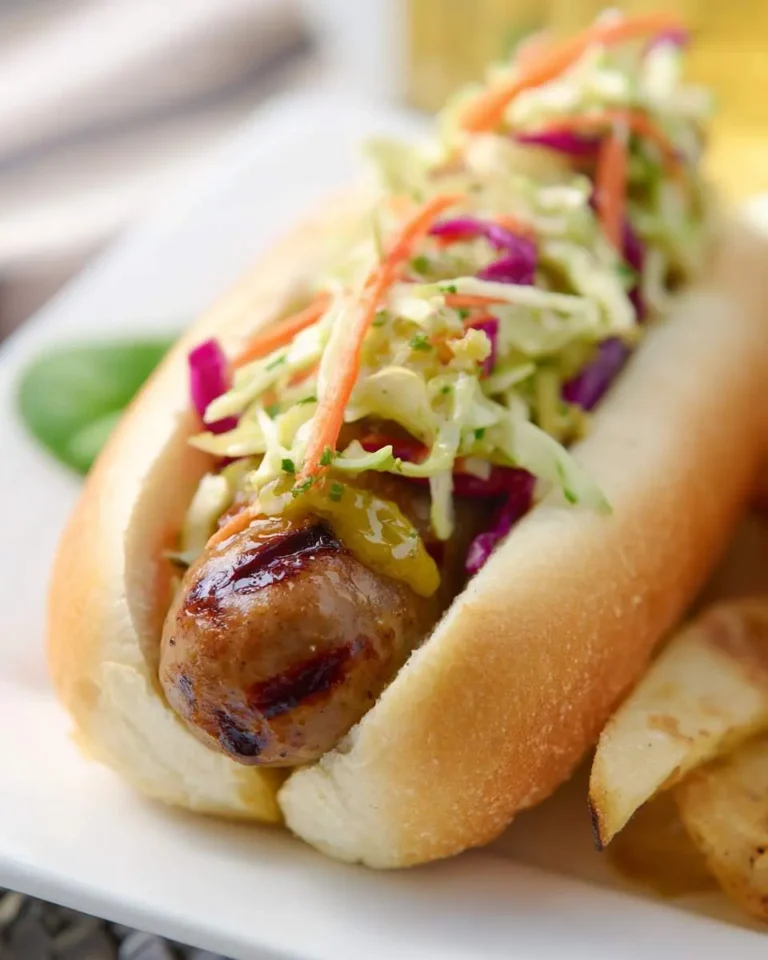 Grilled Bratwurst with Honey Dijon Broccoli Slaw topped with colorful cabbage and carrots in a soft bun.