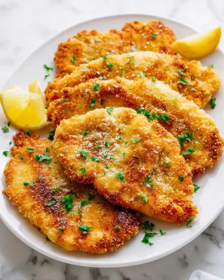 Golden crispy breaded chicken cutlets garnished with parsley and lemon wedges on a white plate.