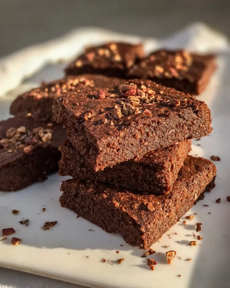 Stack of rich Brown Butter Espresso Brownies topped with cacao nibs on a white surface.