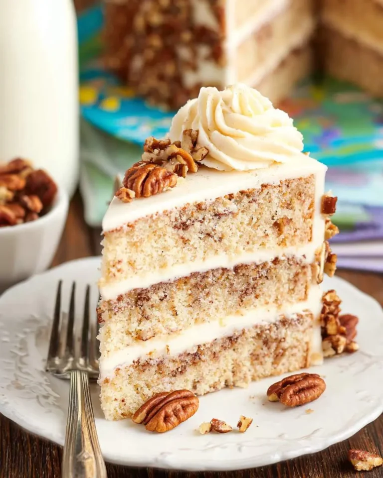 A tall slice of Brown Butter Pecan Cake with creamy frosting and pecan pieces sits on a white plate with a fork.