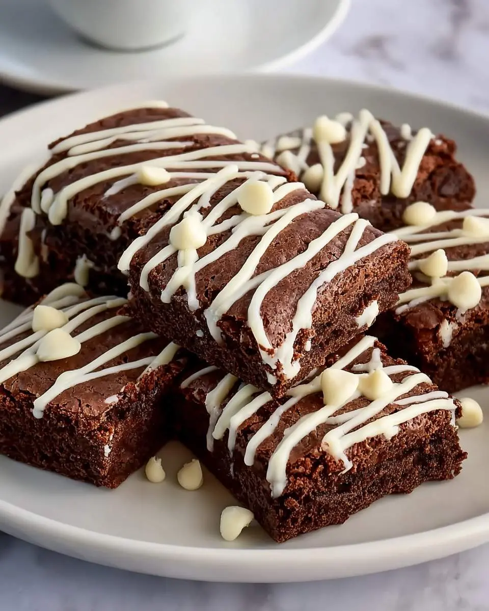 Stack of rich brownies with white chocolate chips drizzled on top, served on a white plate.