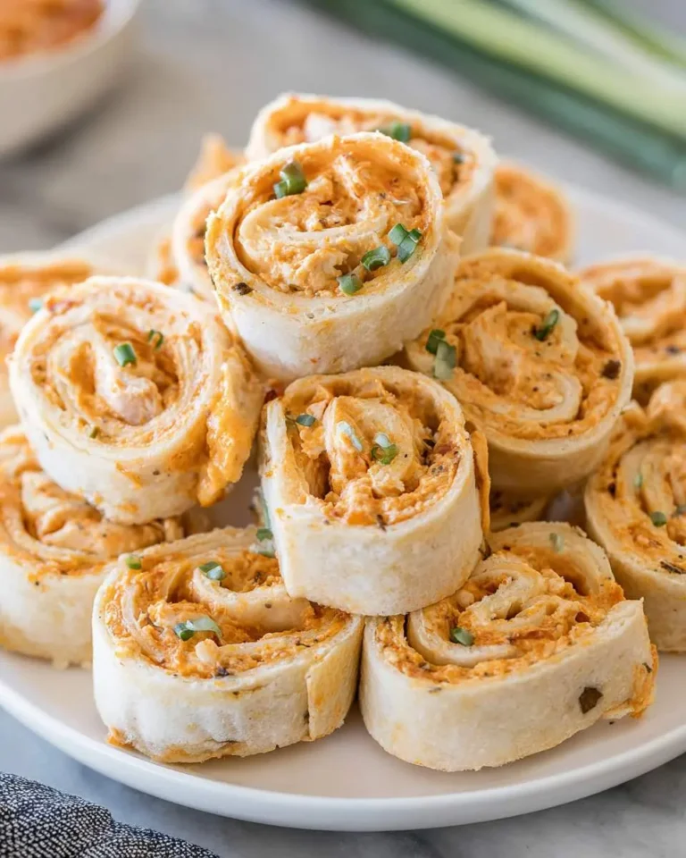 Stack of buffalo chicken pinwheels garnished with green onions on a white plate.