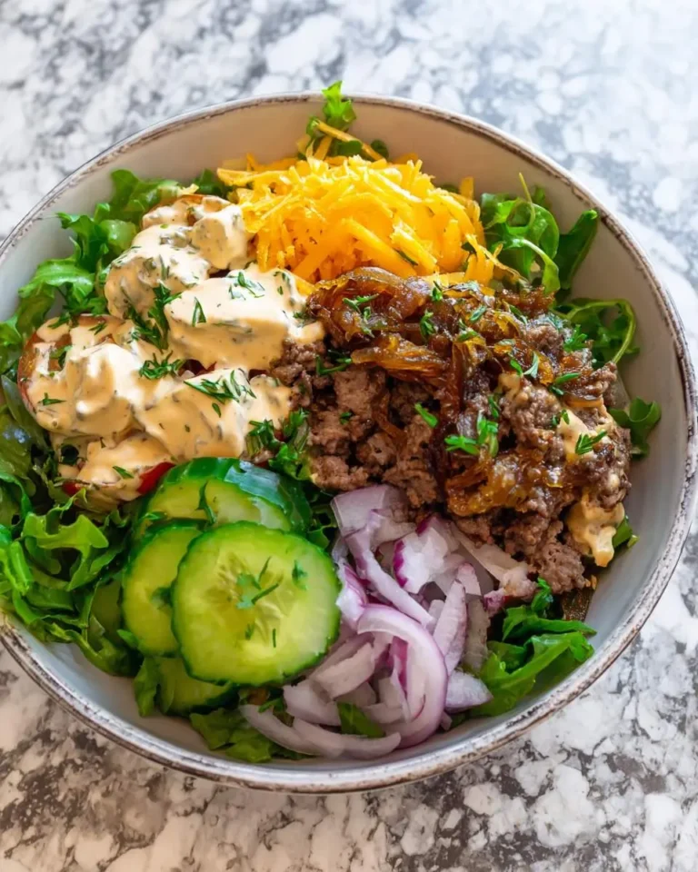 A fresh burger bowl with caramelized onion aioli, ground beef, cheese, cucumber, red onion, and greens in a ceramic bowl.