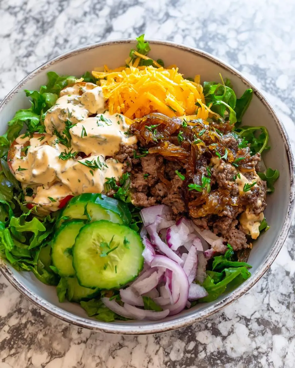 A fresh burger bowl with caramelized onion aioli, ground beef, cheese, cucumber, red onion, and greens in a ceramic bowl.