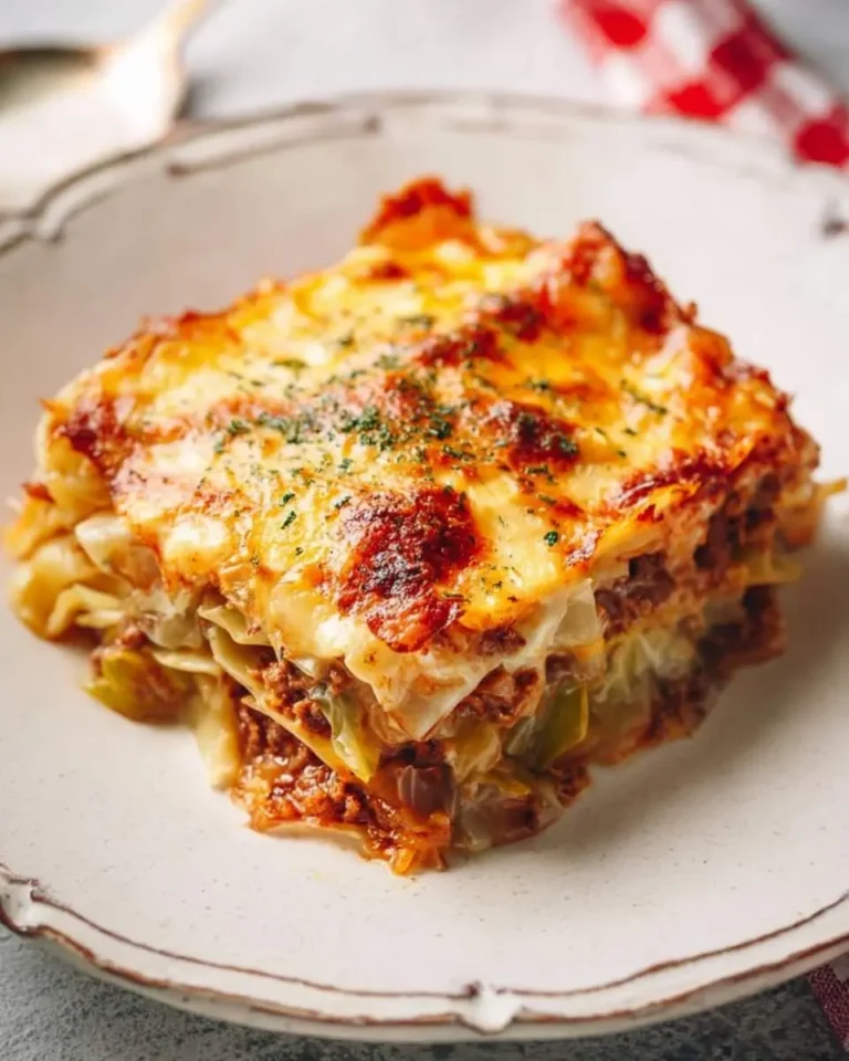A slice of golden-baked Cabbage Lasagna on a white plate, showing layers of cabbage, meat sauce, and melted cheese.