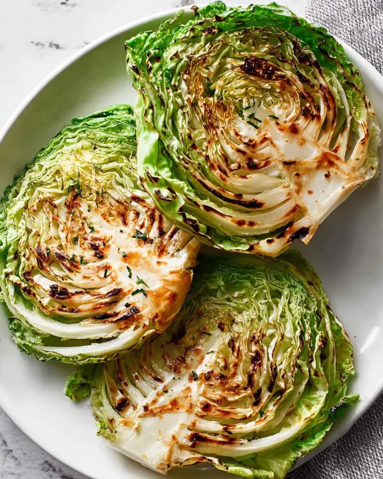 Three golden-brown roasted cabbage steaks with charred edges arranged on a white plate, garnished with fresh herbs.