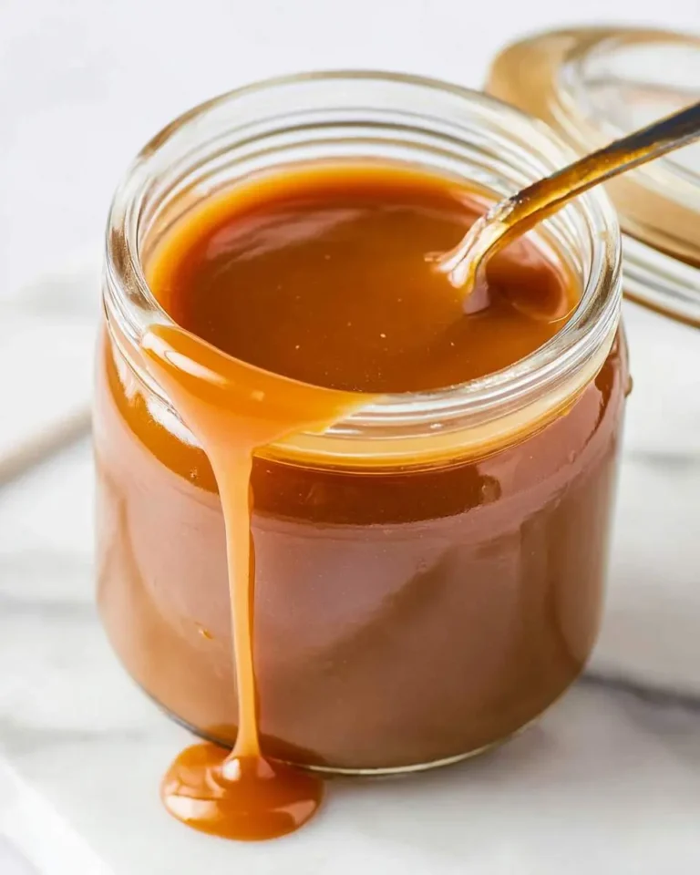 A glass jar filled with rich, golden caramel sauce with a spoon inside and sauce dripping down the side.
