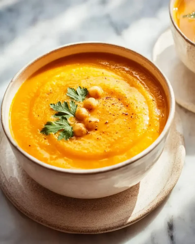 A ceramic bowl of creamy carrot and ginger soup topped with chickpeas and fresh parsley on a marble surface.