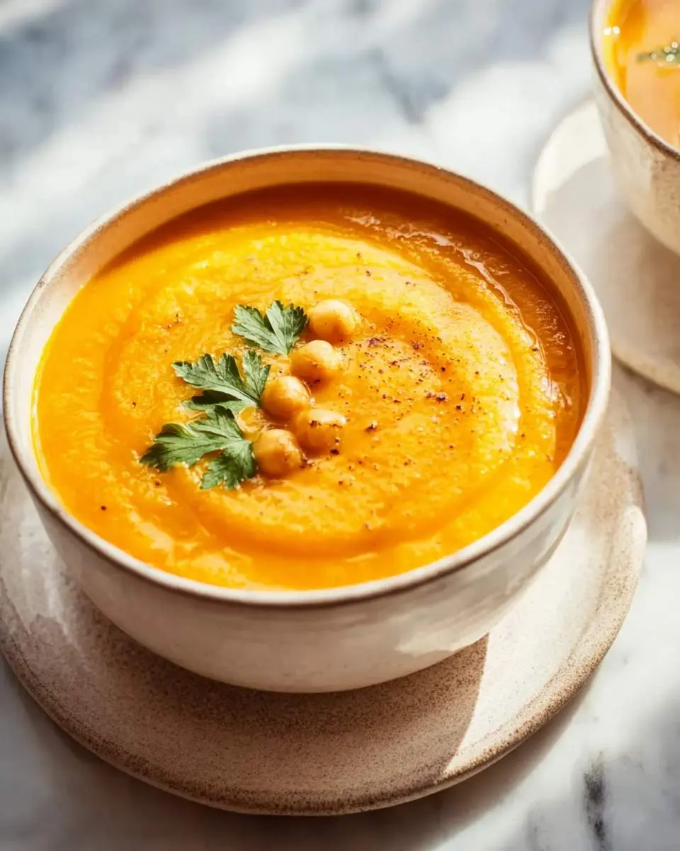 A ceramic bowl of creamy carrot and ginger soup topped with chickpeas and fresh parsley on a marble surface.