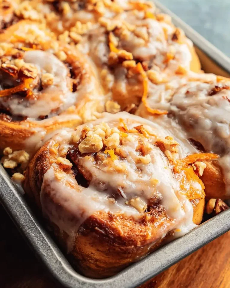 Freshly baked Carrot Cake Cinnamon Rolls topped with cream cheese glaze and chopped walnuts in a baking pan.