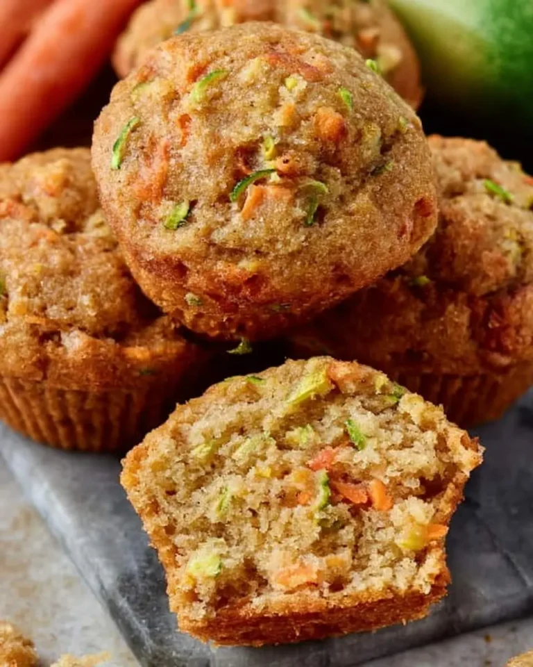 Stack of moist carrot zucchini muffins with visible shredded vegetables, one muffin split open to show tender crumb texture.