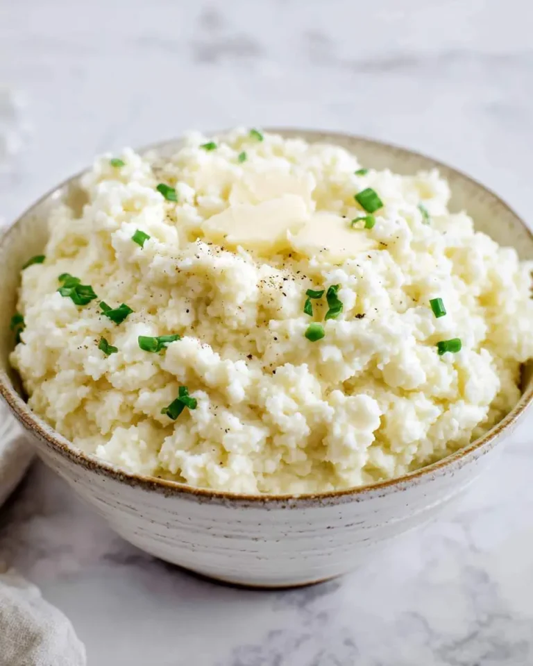 A bowl of creamy cauliflower mashed potatoes topped with butter, chives, and black pepper on a marble surface.