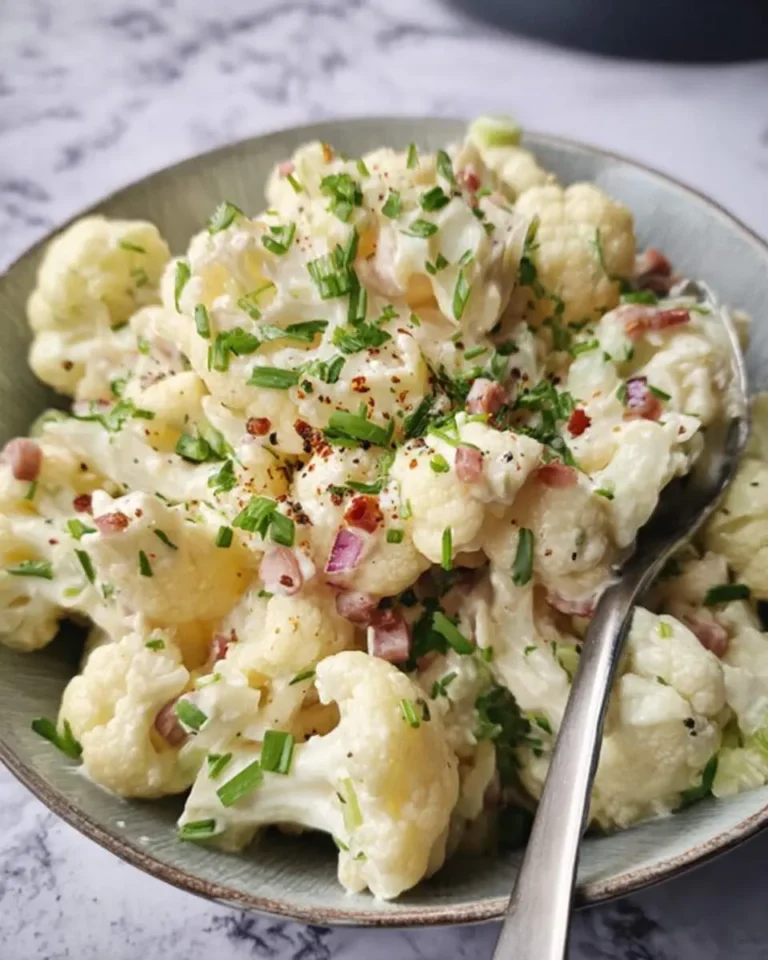 Creamy Cauliflower Potato Salad topped with fresh chives, bacon bits, and red pepper flakes in a serving bowl with a spoon.