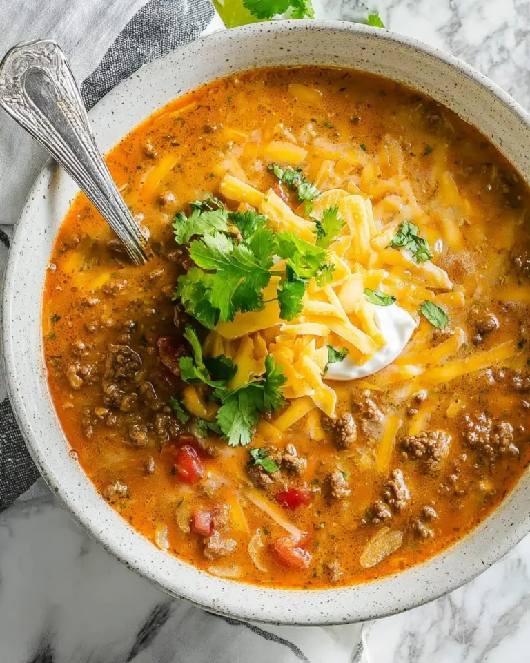 A bowl of Cheesy Beef Enchilada Soup topped with shredded cheese, sour cream, and fresh cilantro.