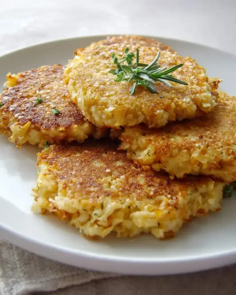 Golden brown Cheesy Cauliflower Cakes stacked on a white plate, garnished with fresh rosemary.
