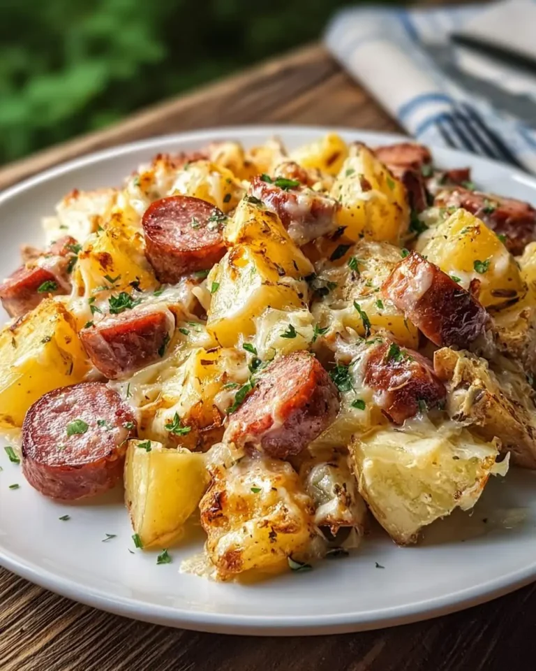 Cheesy Ranch Potatoes and Smoked Sausage baked together on a white plate, topped with melted cheese and fresh herbs.