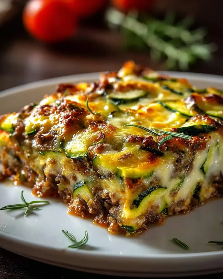 A slice of Cheesy Zucchini Pizza Casserole on a white plate, featuring layers of zucchini, ground meat, and melted golden cheese.