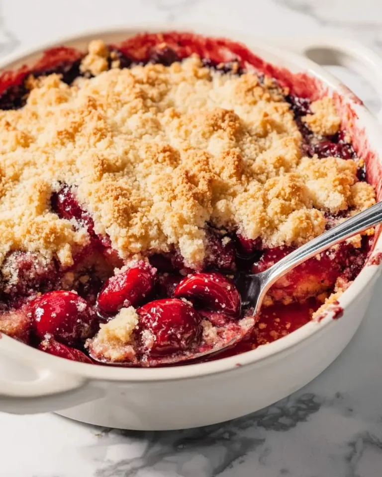 A warm cherry cobbler with golden crumble topping in a white baking dish, with a spoon serving the fruit filling.