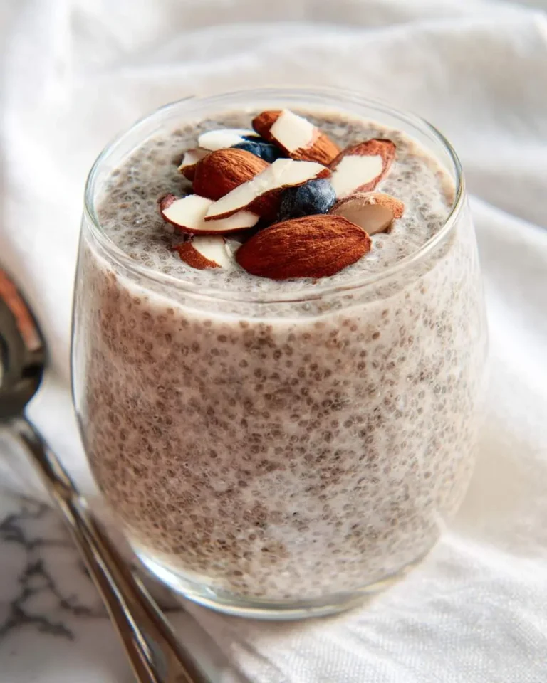 Creamy Chia Pudding with Almond Milk topped with sliced almonds and blueberries in a glass jar.