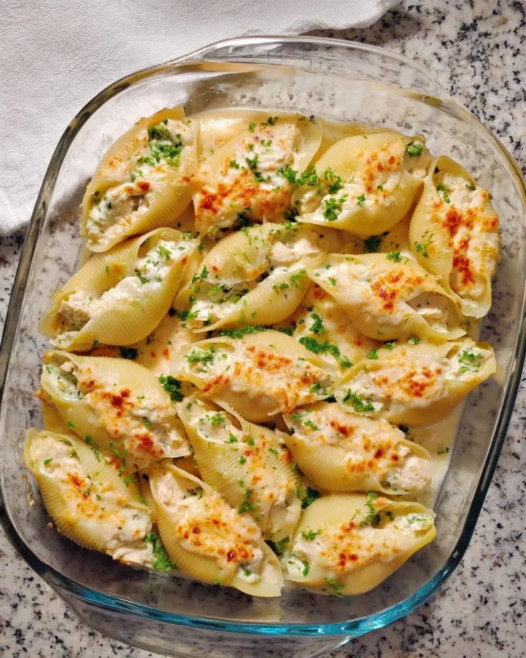 Baked Chicken Alfredo Stuffed Shells in a glass dish topped with golden cheese and fresh herbs.
