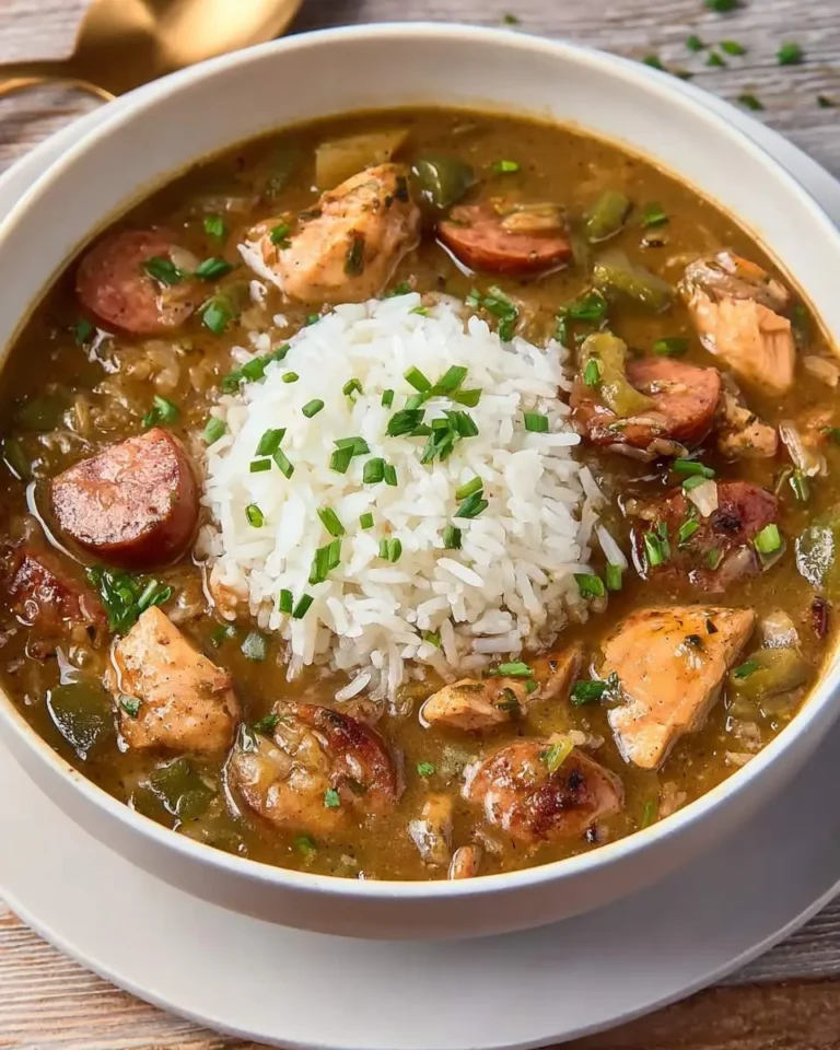 A bowl of Chicken and Sausage Gumbo topped with white rice and chopped green onions.
