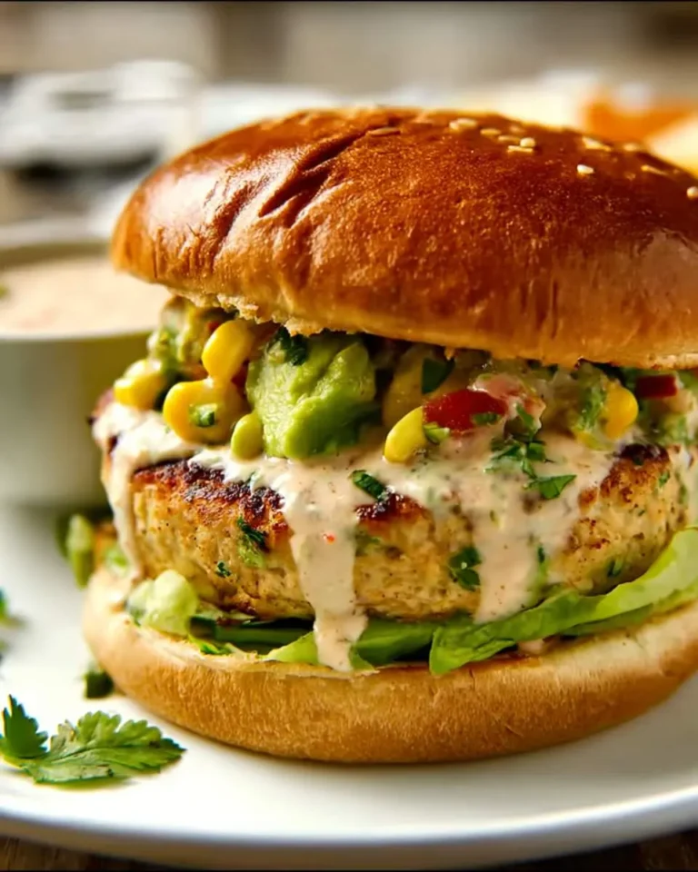 A juicy chicken burger topped with creamy sauce, avocado corn salsa, and fresh lettuce on a toasted brioche bun.