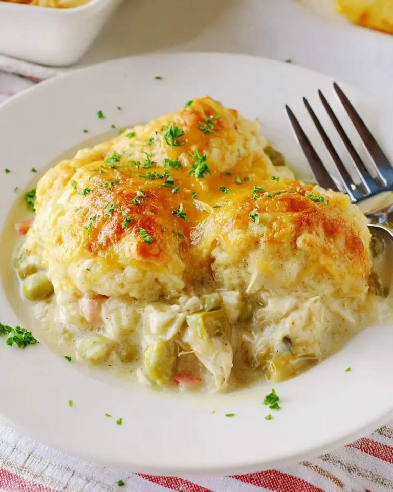 A serving of Chicken Dumpling Casserole on a white plate, topped with golden cheese and fresh parsley.