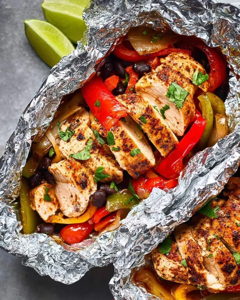 Chicken Fajita Foil Packets with seasoned chicken, bell peppers, onions, and black beans served in open foil with lime wedges.