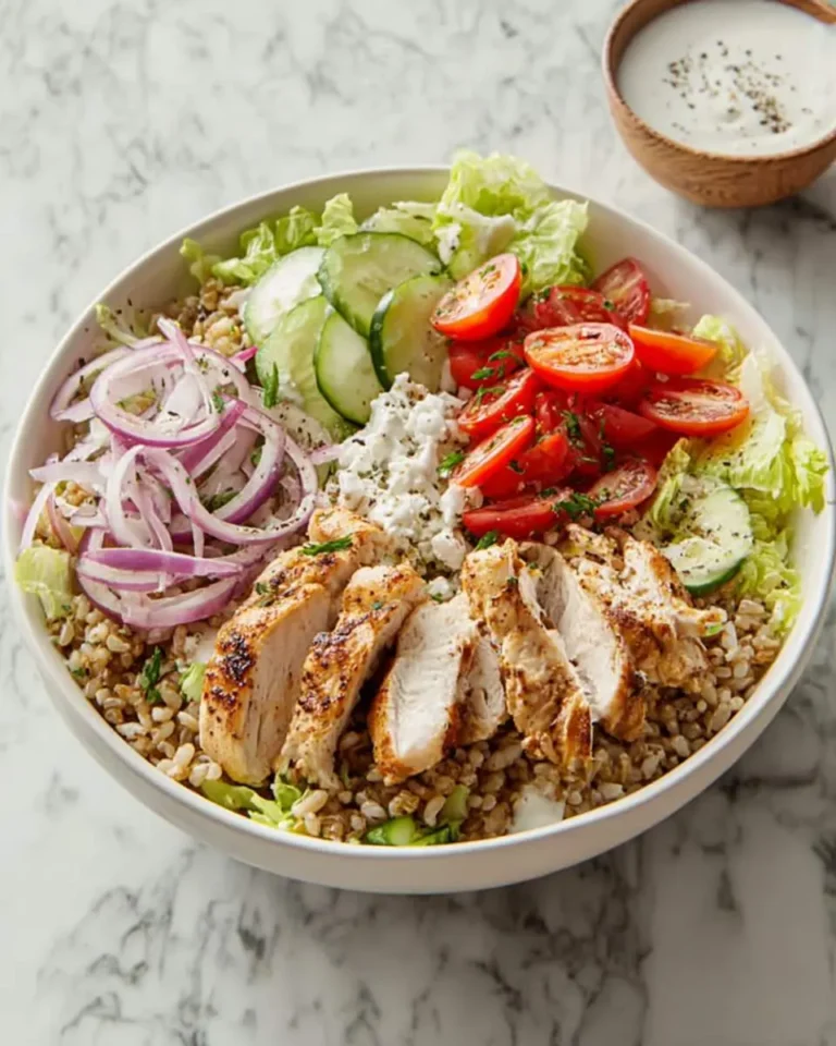 A Chicken Gyro Bowl with sliced grilled chicken, cucumber, tomatoes, red onion, feta, and rice in a white bowl with tzatziki on the side.