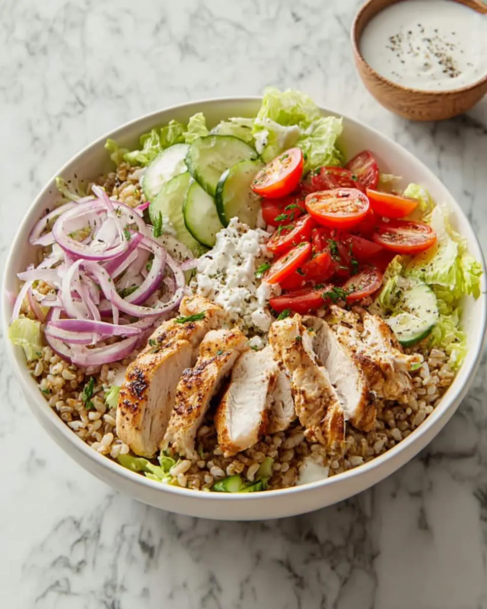 A Chicken Gyro Bowl with sliced grilled chicken, cucumber, tomatoes, red onion, feta, and rice in a white bowl with tzatziki on the side.