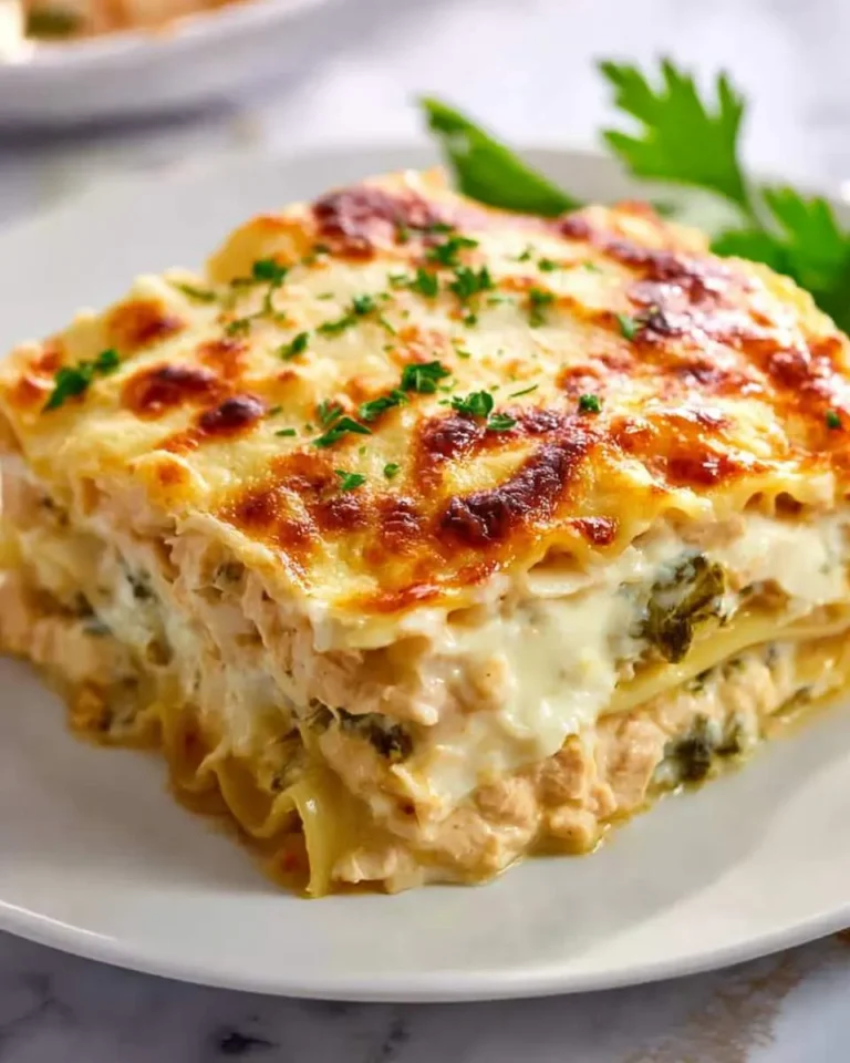 A slice of creamy Chicken Lasagna Bake with golden melted cheese and fresh herbs on a white plate.