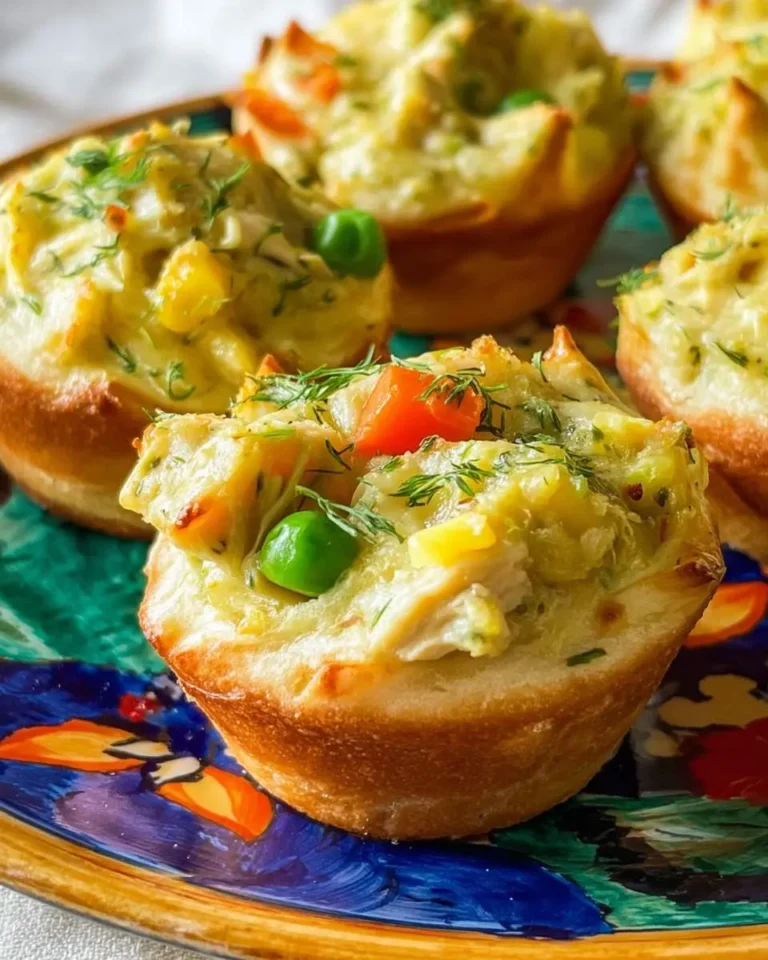 Golden baked Chicken Pot Pie Cups filled with creamy chicken, vegetables, and fresh dill on a colorful plate.