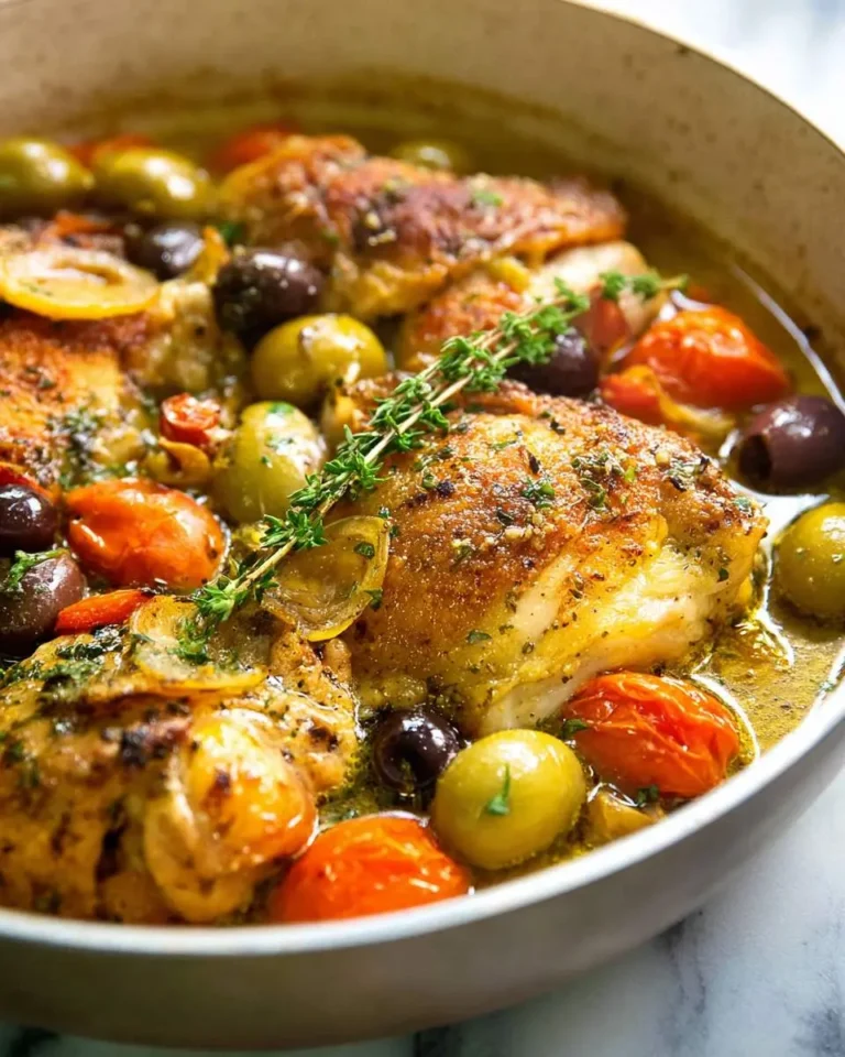 Golden-brown Chicken Provencal braised in a white pot with olives, tomatoes, and fresh thyme.