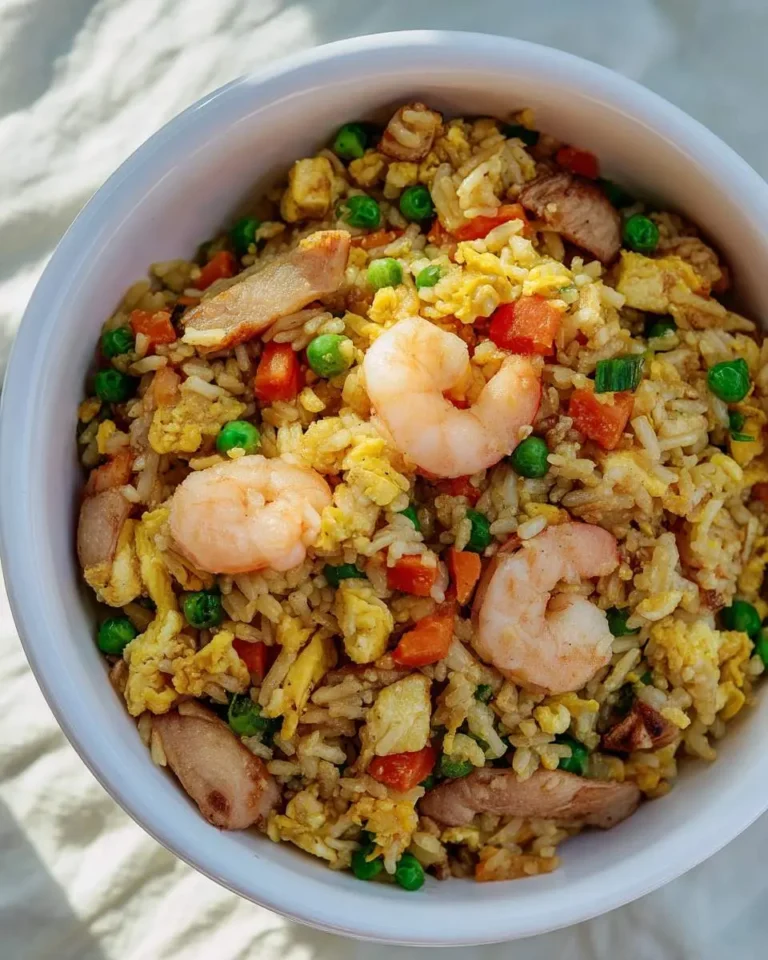 A bowl of Chicken Shrimp Fried Rice with eggs, peas, carrots, and green onions in a white dish.