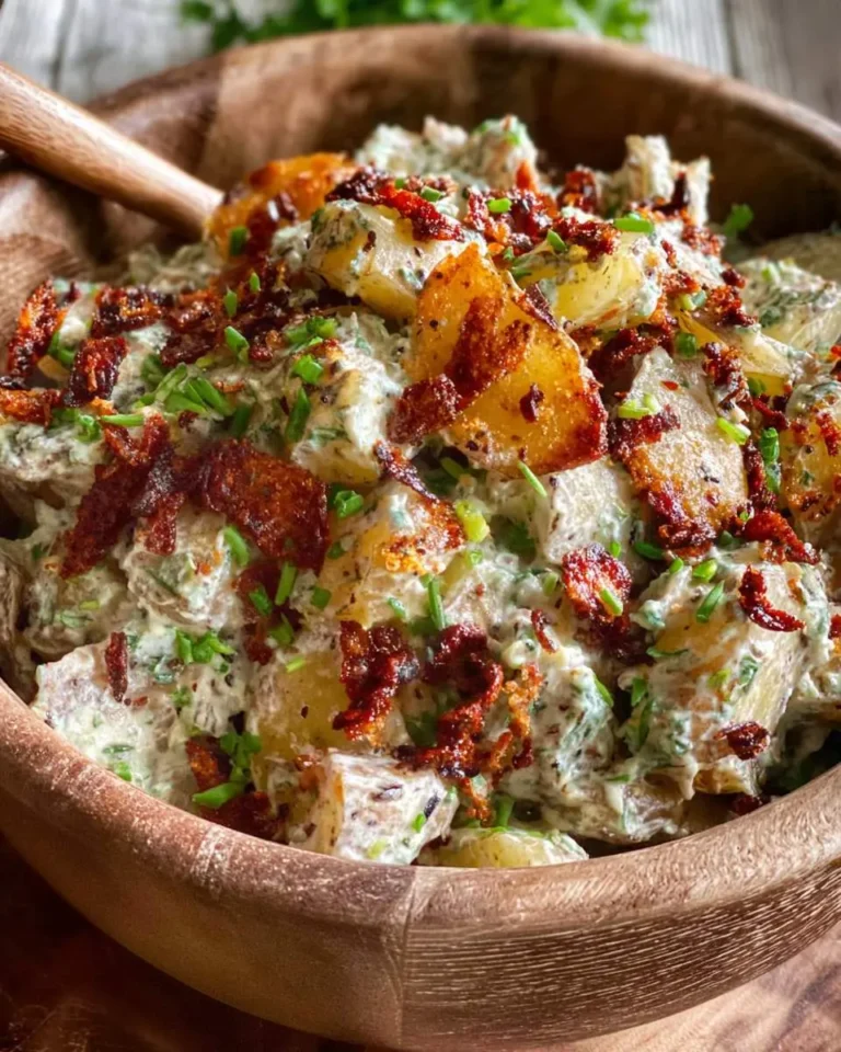 Creamy Chili Crisp Smashed Potato Salad topped with crispy bacon bits and fresh chives in a wooden bowl.