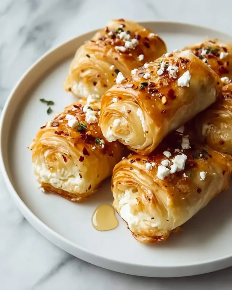 Golden Chili Honey Feta Rolls stacked on a white plate, drizzled with honey and topped with crumbled feta and red pepper flakes.
