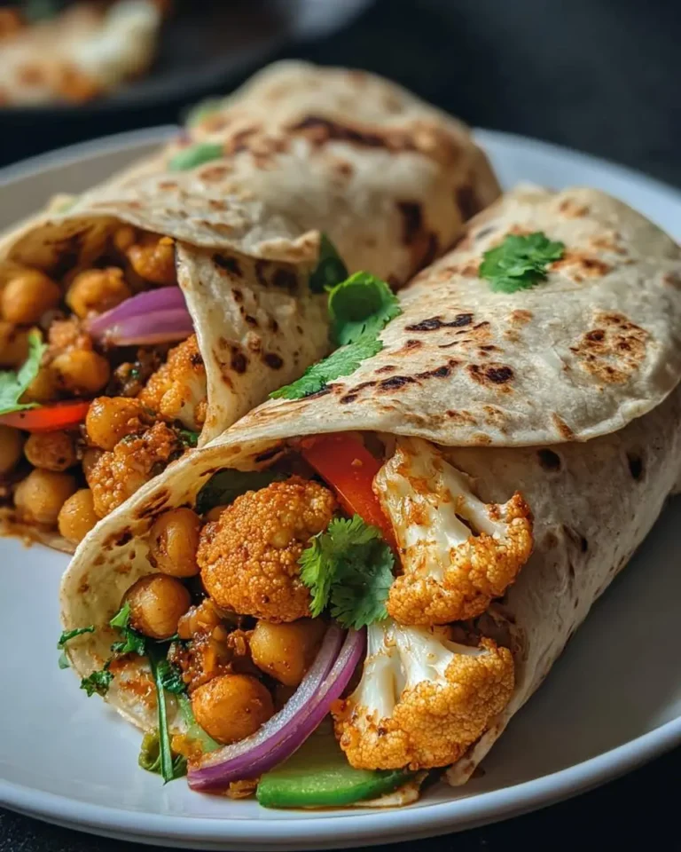 Two Chili Lime Chickpea Cauliflower Wraps on a white plate with fresh cilantro, red onion, and bell peppers.