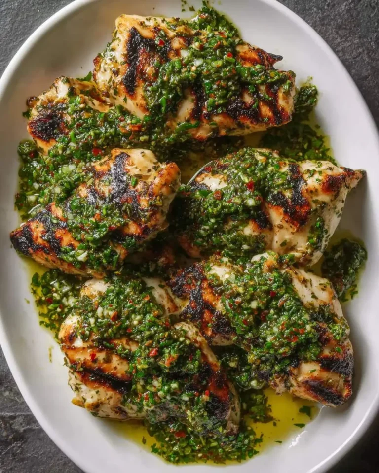 Grilled chicken breasts topped with fresh green chimichurri sauce on a white platter.