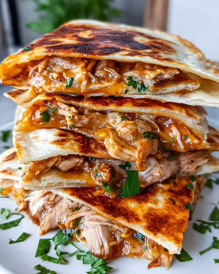 Stack of golden brown Chipotle BBQ Chicken Quesadillas filled with shredded chicken, melted cheese, and fresh herbs.