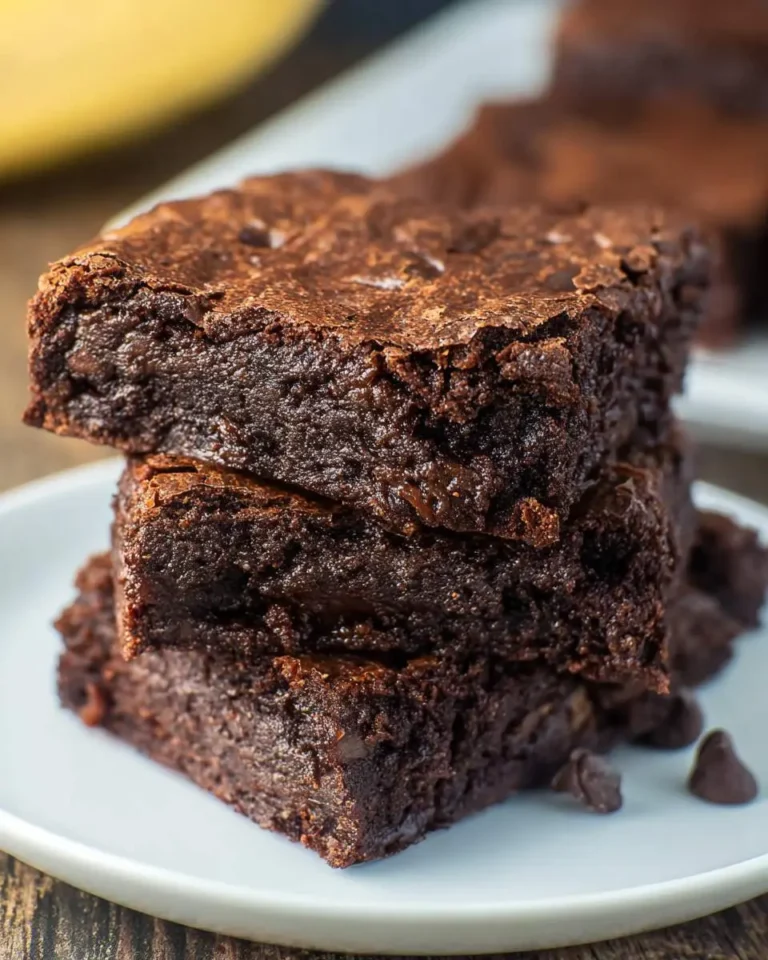 Three fudgy chocolate banana brownies stacked on a white plate with chocolate chips scattered around.