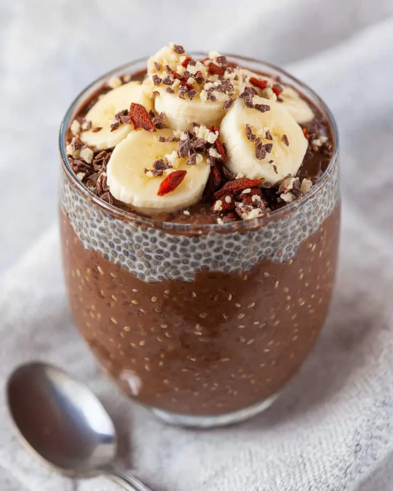 Chocolate banana chia pudding in a glass topped with fresh banana slices, cacao nibs, and goji berries.