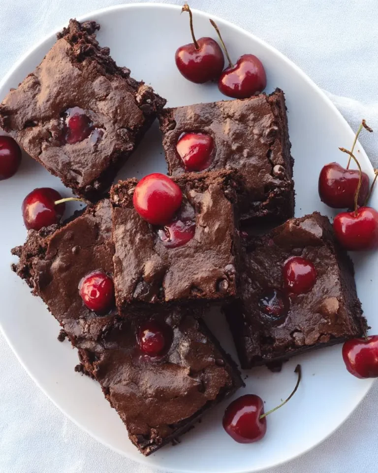 Square slices of rich chocolate cherry brownies arranged on a white plate, topped with fresh red cherries.
