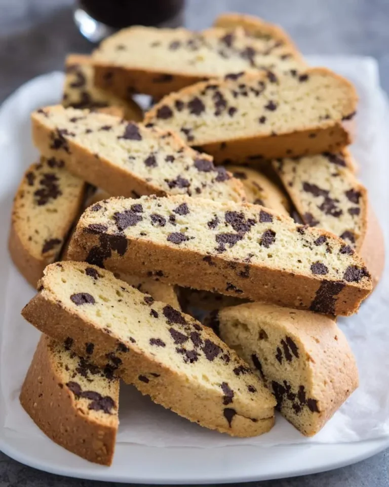 A pile of golden Chocolate Chip Biscotti cookies with dark chocolate chunks arranged on a white plate.